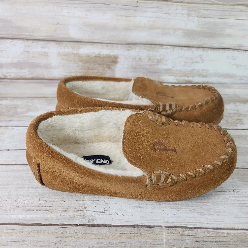 Lands' End Suede Moccasin Slippers Kids Size 11 Brown Faux Fur Monogram P Cozy